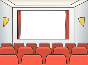 Zeichnung von einem Kino-Saal mit roten Sitzen.